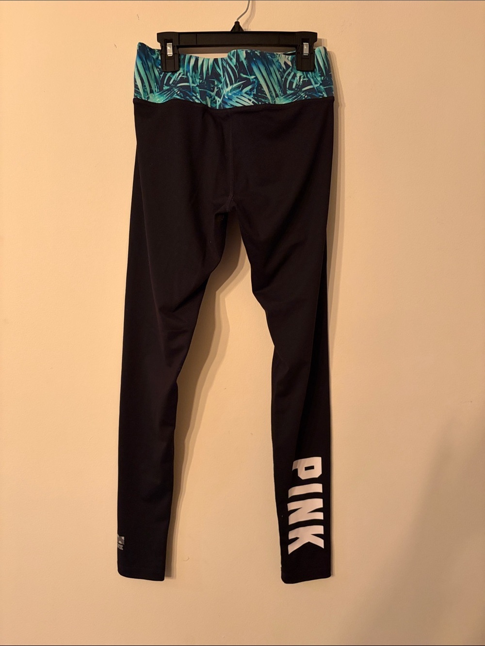 PINK Victoria's Secret Black Leggings with Teal Leaf Print Waistband - Picture 3 of 6